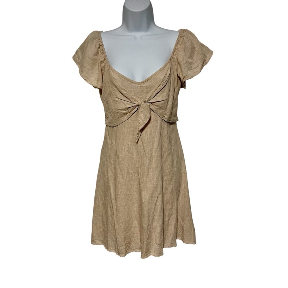 Tan Linen Mini Sun Dress Tie Front Ruffle Sleeves Line Size Small Spring Easter